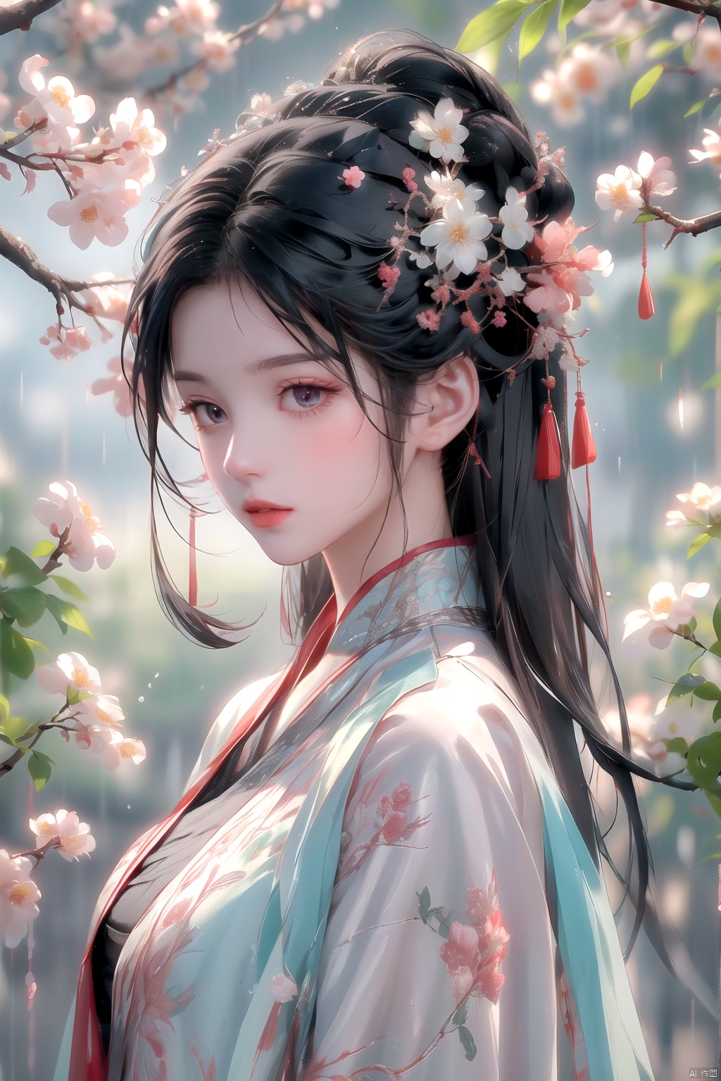 (\yan yu\),rainning,1girl, solo, black hair, long hair, hair ornament, looking at viewer, flower, from side, red lips, hair flower, upper body, lips, closed mouth, realistic, black eyes, looking to the side, nose, branch