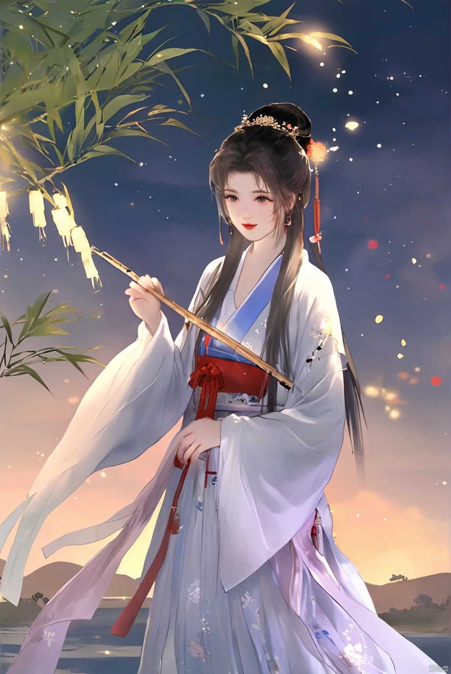 masterpiece,best quality,high quality,(colorful),[Artist miwano rag],[Artist toosaka asagi],[[[Artist wlop]]],[Artist chen bin],Artist Miv4t,1girl, solo, long hair, black hair, hair ornament, dress, sky, hair flower, sash, night, chinese clothes, star \(sky\), night sky, hand fan, lantern, holding fan, paper fan, hanfu,water,lying in the water,(fireflies),bamboo,tree,white theme