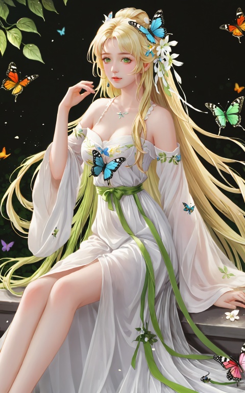  (masterpiece), (best quality), illustration, ultra detailed, hdr, Depth of field, (colorful),1girl, long hair, solo, green eyes, flower, bug, butterfly, hair ornament, blonde hair, sitting, bare legs, bare shoulders, dress, white dress, breasts, hagoromo, white hair