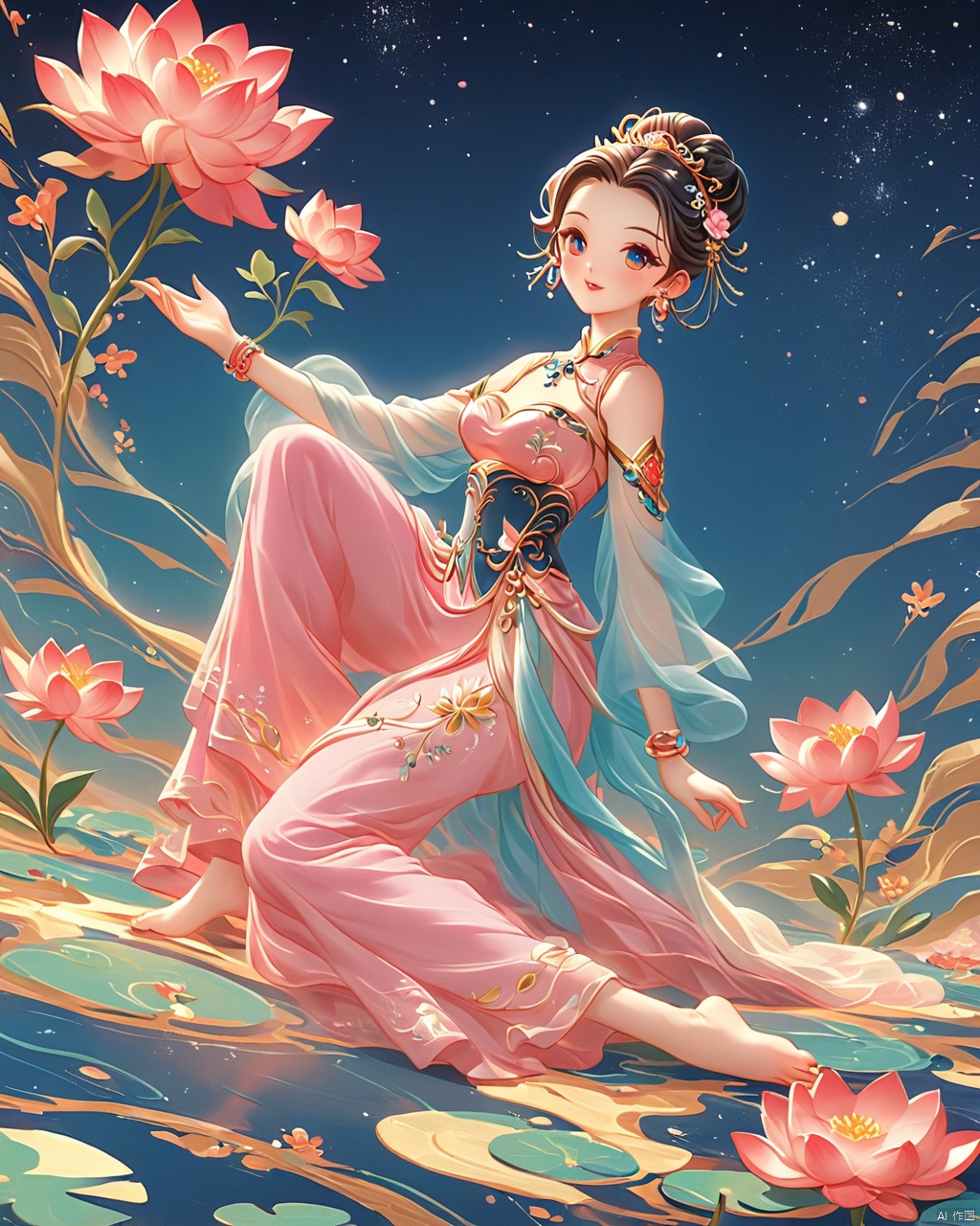  A beautiful woman.sexy.barefoot.full body with a simple lotus flower,Illustration,Minimalismm,dreamlike picture,subtle gradation,calm harmony,elegant use of negative space,graphic design inspired illustrations, Oriental flat aesthetics