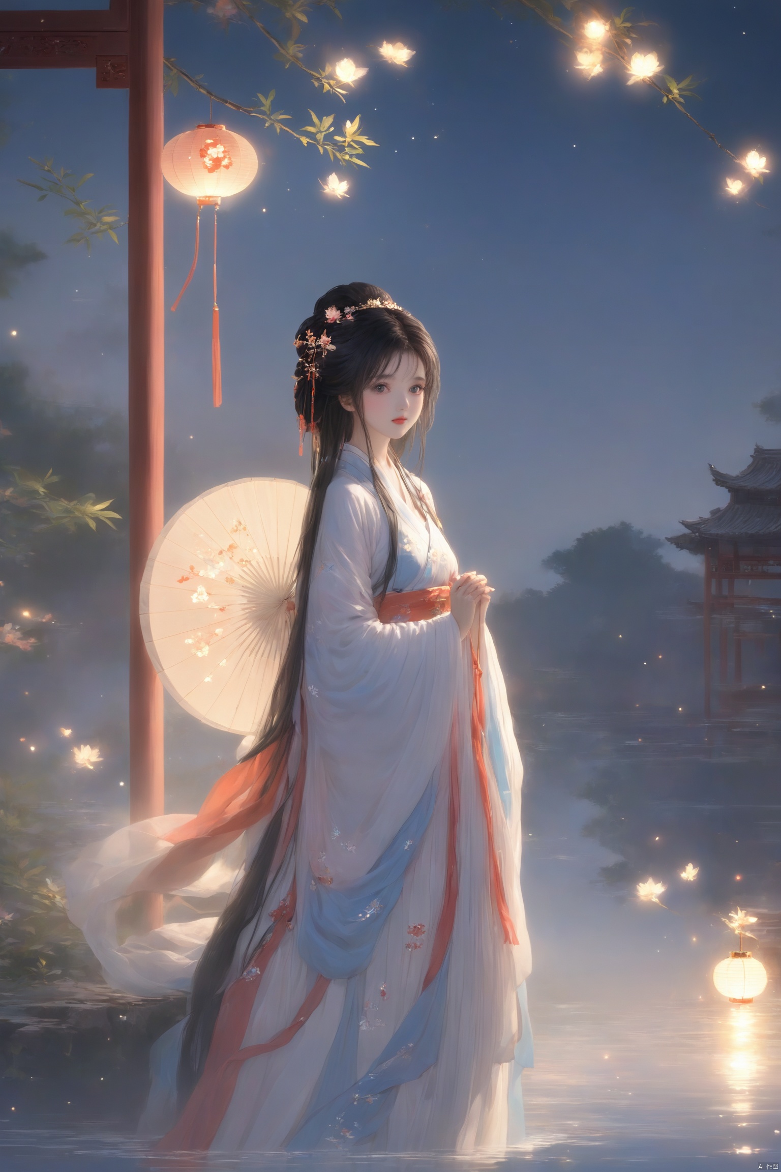 masterpiece,best quality,high quality,(colorful),[Artist miwano rag],[Artist toosaka asagi],[[[Artist wlop]]],[Artist chen bin],Artist Miv4t,1girl, solo, long hair, black hair, hair ornament, dress, sky, hair flower, sash, night, chinese clothes, star \(sky\), night sky, hand fan, lantern, holding fan, paper fan, hanfu,water,lying in the water,(fireflies),bamboo,tree,white theme