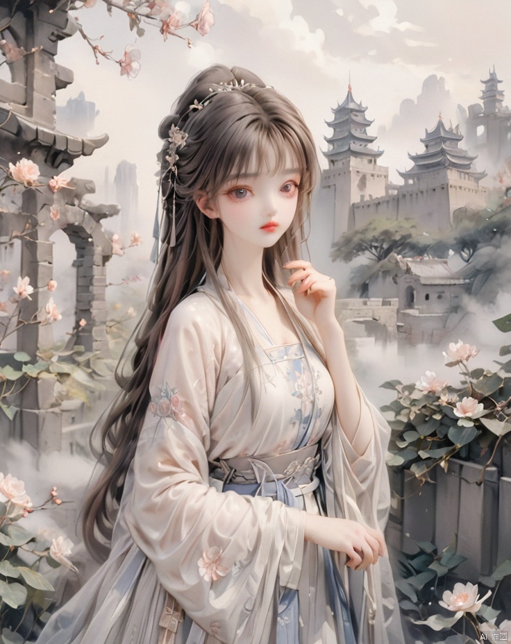  monochrome ,ink wash painting,white 1 girl,solo, blone hair, long hair, princess dress, pretty beautiful makeup, garden, castle, flowers, loli.backgroud,the picture is largely blank ,only a man ,chinese cloth,drawing ,face to viewer,white fog covered everything around him, blank background,