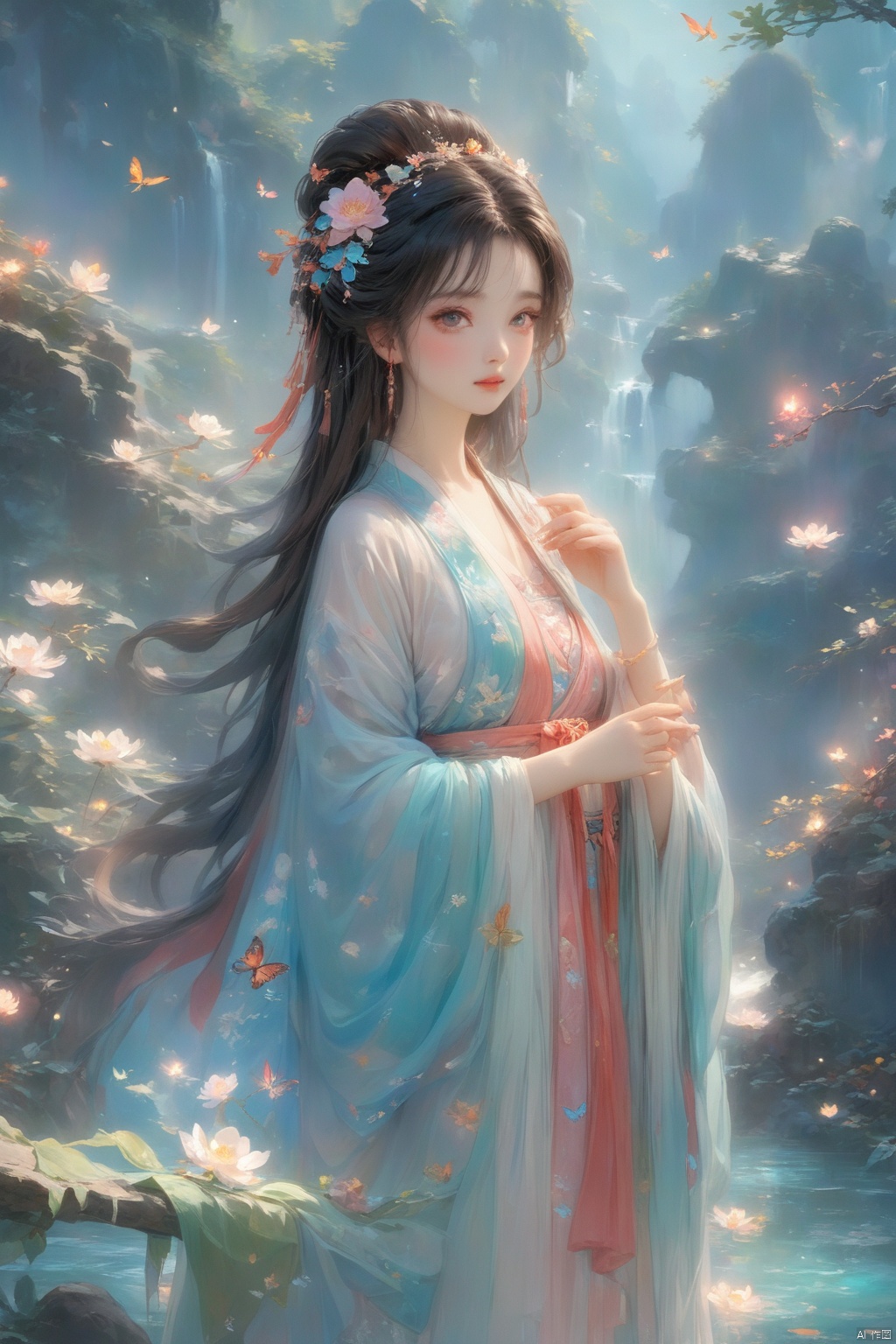  1gril,,hanfu,full body, cloak, QINGYI, shidudou,blue butterfly, in a colorful fantasy realism style, realistic color palette, wink and you miss details,chinese painting\(gongbi\),young woman bathing under a waterfall in an dream like forest,extremely detailed,detailed face,intricate detail,background\(gongbi\),    blue butterfly, in a colorful fantasy realism style, realistic color palette, wink and you miss details, japanese style art, fluid and organic shapes, light teal and light red, light reflection,blue butterfly, in a colorful fantasy realism style, realistic color palette, wink and you miss details,sleeve,flower headband,roses background,4k,8k,round eyes,round pupil,happy,colourful,fantasy magical,complex hair detail,happy,texture on clothings,fireflies,