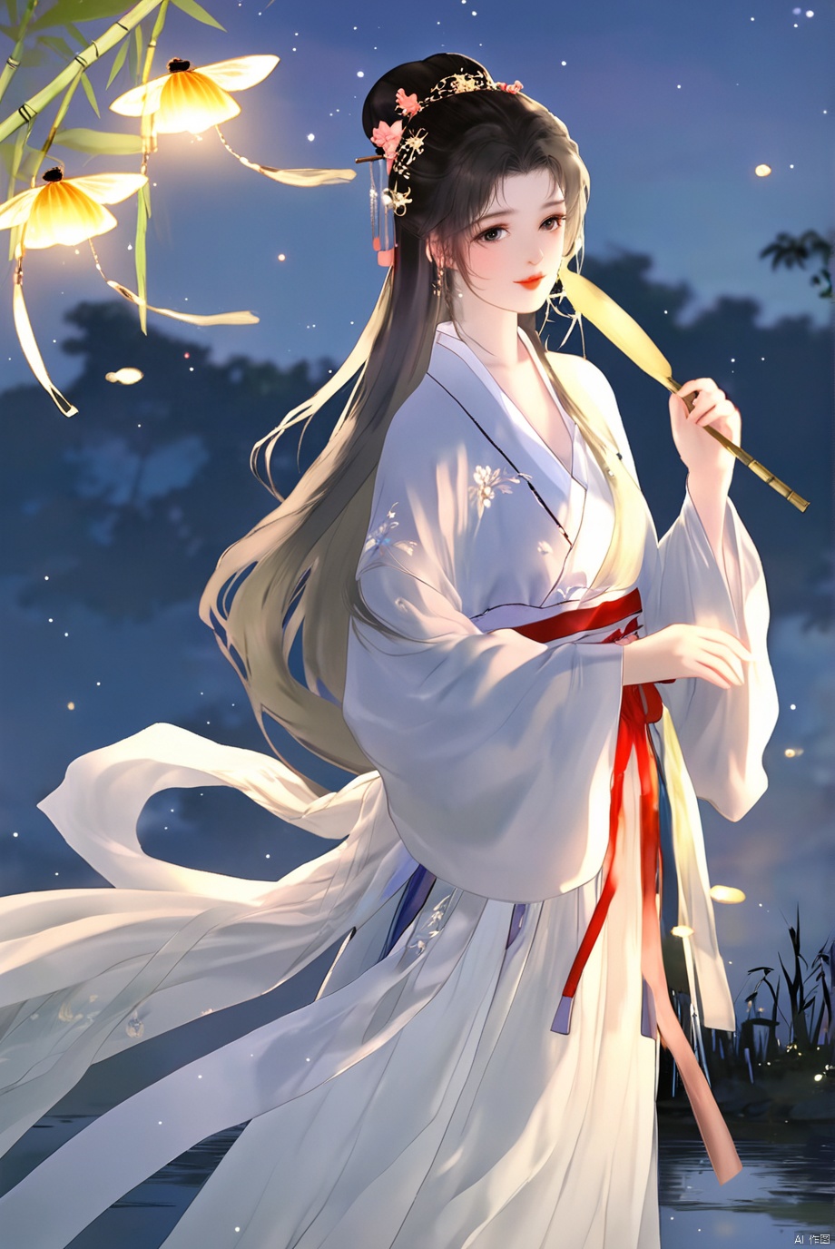 masterpiece,best quality,high quality,(colorful),[Artist miwano rag],[Artist toosaka asagi],[[[Artist wlop]]],[Artist chen bin],Artist Miv4t,1girl, solo, long hair, black hair, hair ornament, dress, sky, hair flower, sash, night, chinese clothes, star \(sky\), night sky, hand fan, lantern, holding fan, paper fan, hanfu,water,lying in the water,(fireflies),bamboo,tree,white theme