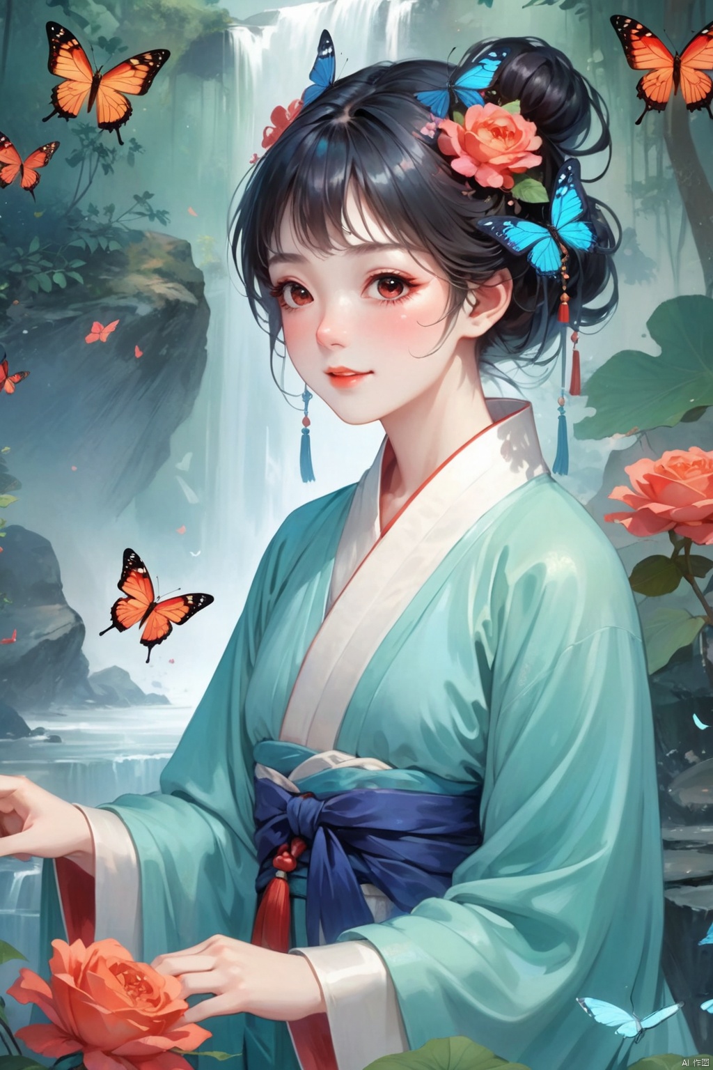  1gril,,hanfu,full body, cloak, QINGYI, shidudou,blue butterfly, in a colorful fantasy realism style, realistic color palette, wink and you miss details,chinese painting\(gongbi\),young woman bathing under a waterfall in an dream like forest,extremely detailed,detailed face,intricate detail,background\(gongbi\),    blue butterfly, in a colorful fantasy realism style, realistic color palette, wink and you miss details, japanese style art, fluid and organic shapes, light teal and light red, light reflection,blue butterfly, in a colorful fantasy realism style, realistic color palette, wink and you miss details,sleeve,flower headband,roses background,4k,8k,round eyes,round pupil,happy,colourful,fantasy magical,complex hair detail,happy,texture on clothings,fireflies,