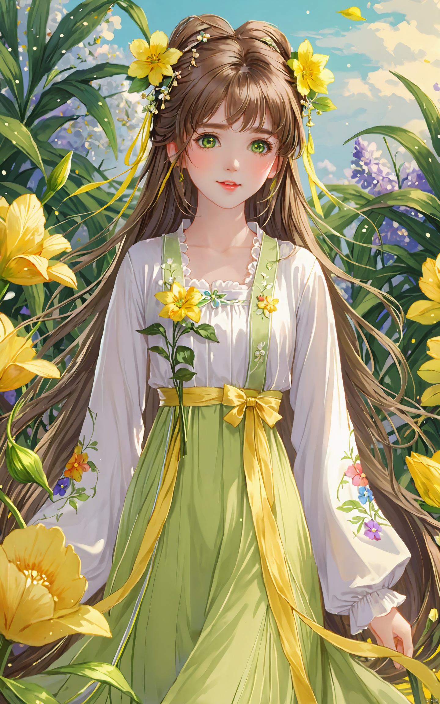  (masterpiece), (best quality), illustration, ultra detailed, hdr, Depth of field, (colorful), loli,1girl, flower, long hair, solo, green eyes, upper body, hair ornament, brown hair, teeth, dress, long sleeves, yellow flower, looking at viewer