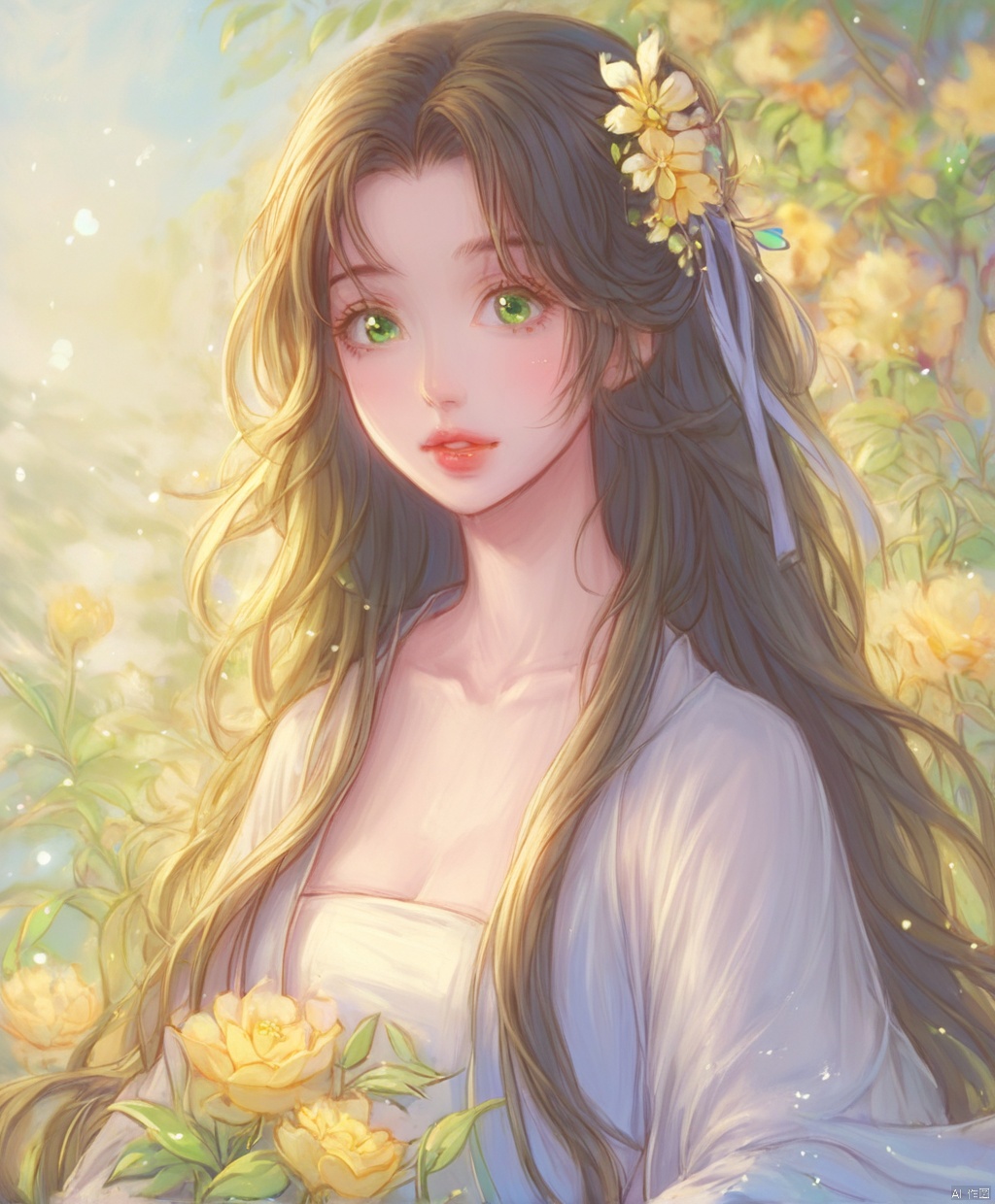  (masterpiece), (best quality), illustration, ultra detailed,full body.barefoot. hdr, Depth of field, (colorful), loli,1girl, flower, long hair, white.hair.solo, green eyes, upper body, hair ornament, brown hair, teeth, dress, long sleeves, hanfu,yellow flower, looking at viewer