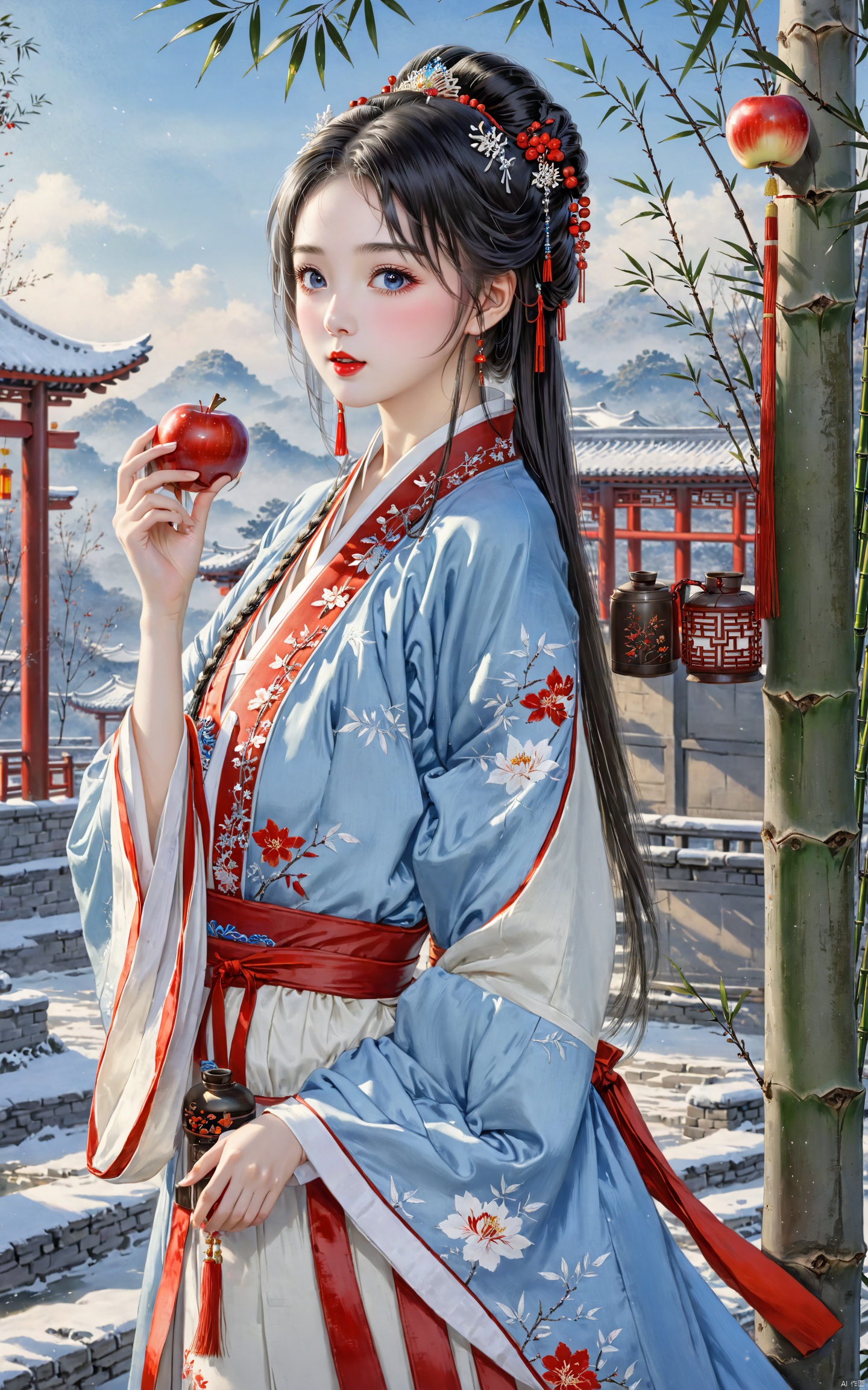  (masterpiece), (best quality), In ancient times, by the bamboo grove in winter, there was a girl dressed in Hanfu. She was very young, with black hair scattered on her shoulders. She carried an unsheathed long knife on her back, had a leather water flask at her waist, and held a red apple in her hand.HDR,UHD,best quality,Highly detailed,masterpiece,Professional,,1girl,solo,hanfu,forehead mark,white hair,long hair,hand fan,facial mark,chinese clothes,hair ornament,looking at viewer,blue eyes,holding,long sleeves,dress,outdoors,day,red lips,sky,breasts,wide sleeves,blue sky,sash,braid,