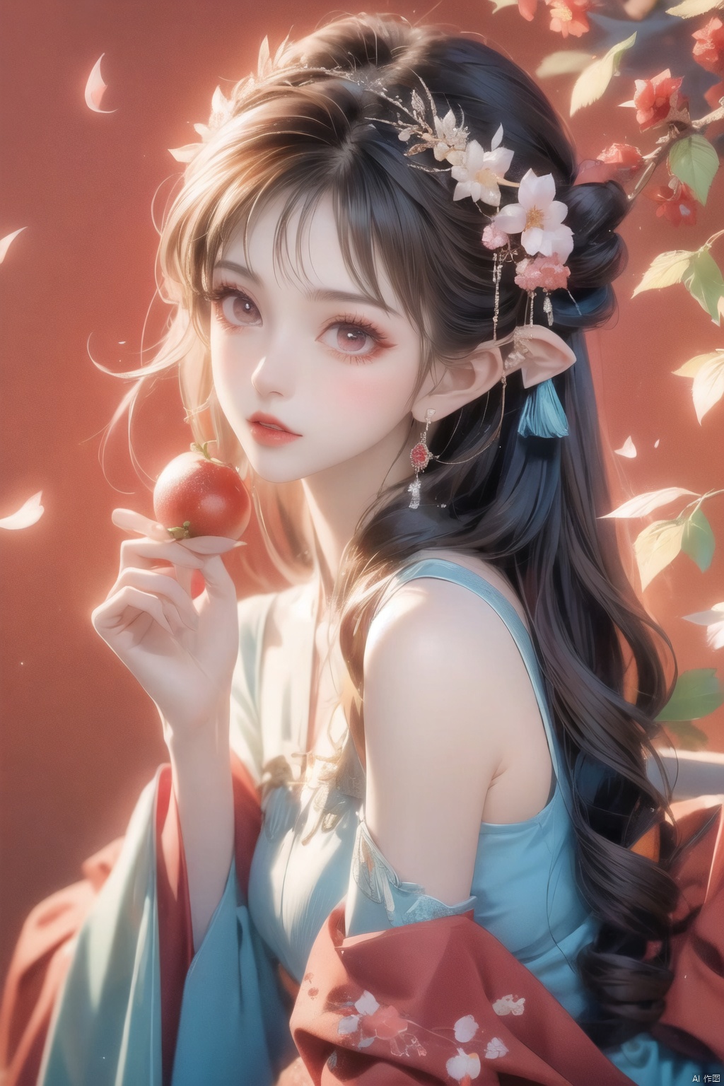 1girl, solo, long hair, black hair, hair accessories, jewelry, closed mouth, upper body, flowers, earrings, blur, side, eyelashes, side, makeup, red background, Chinese costume, red flowers, fringe, branch, red lips, fringe earrings, fruit grain, no hand, very beautiful, masterpiece, best quality, super detail, animation style, key vision, 1 girl