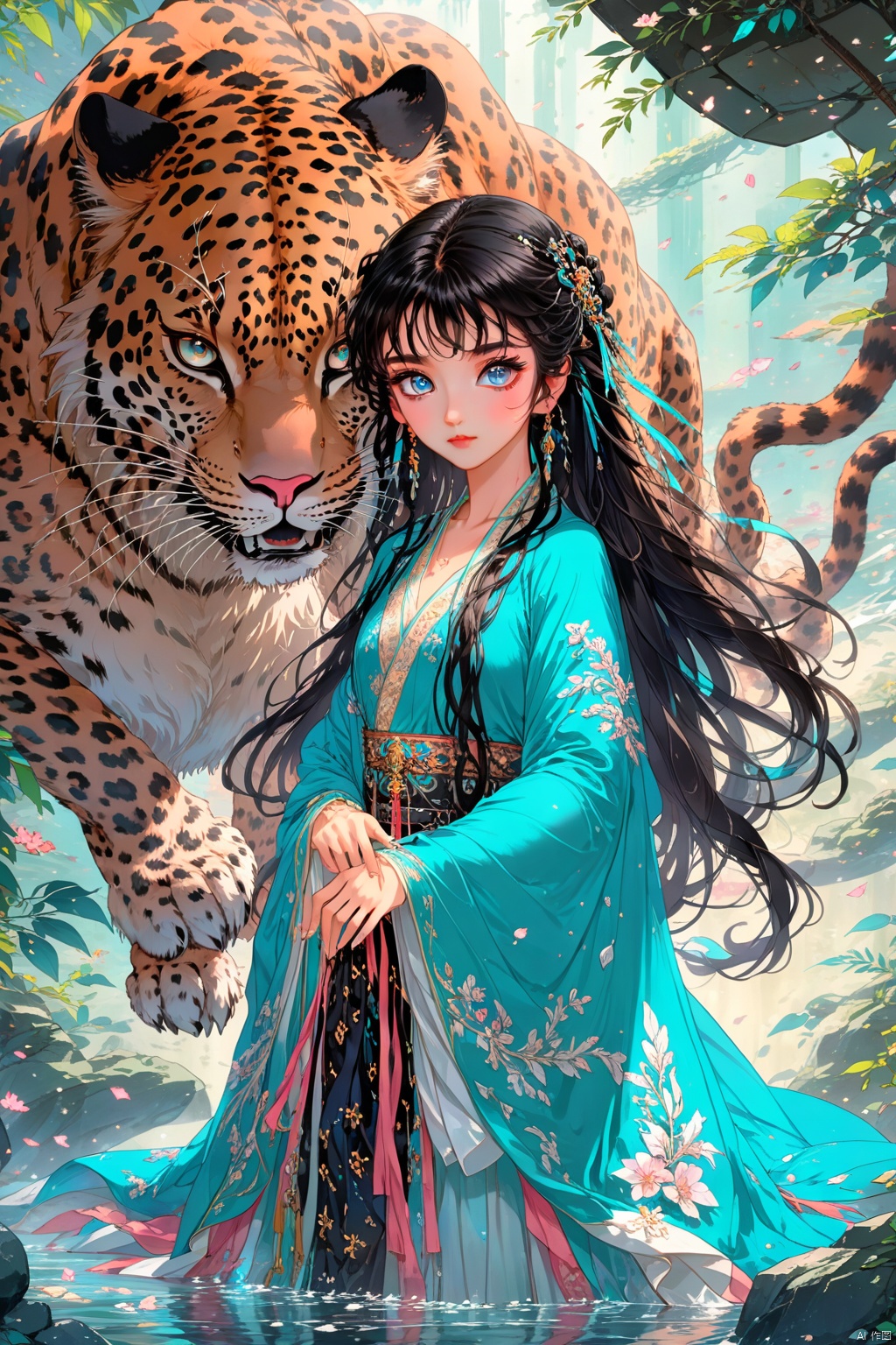  Anime style, (masterpiece: 1.3), best quality, animation works, 1girl, solo, long hair, bangs, hanfu, black hair, wide sleeve flowing fairy skirt, medium hair, black hair, black leopard, photos, 8k, complex, highly detailed, majestic, digital photography, broken glass, (fine and delicate beautiful eyes: 1.2), hdr, lifelike, high-definition, animation style, key vision, vibrant, studio animation, highlydetailed