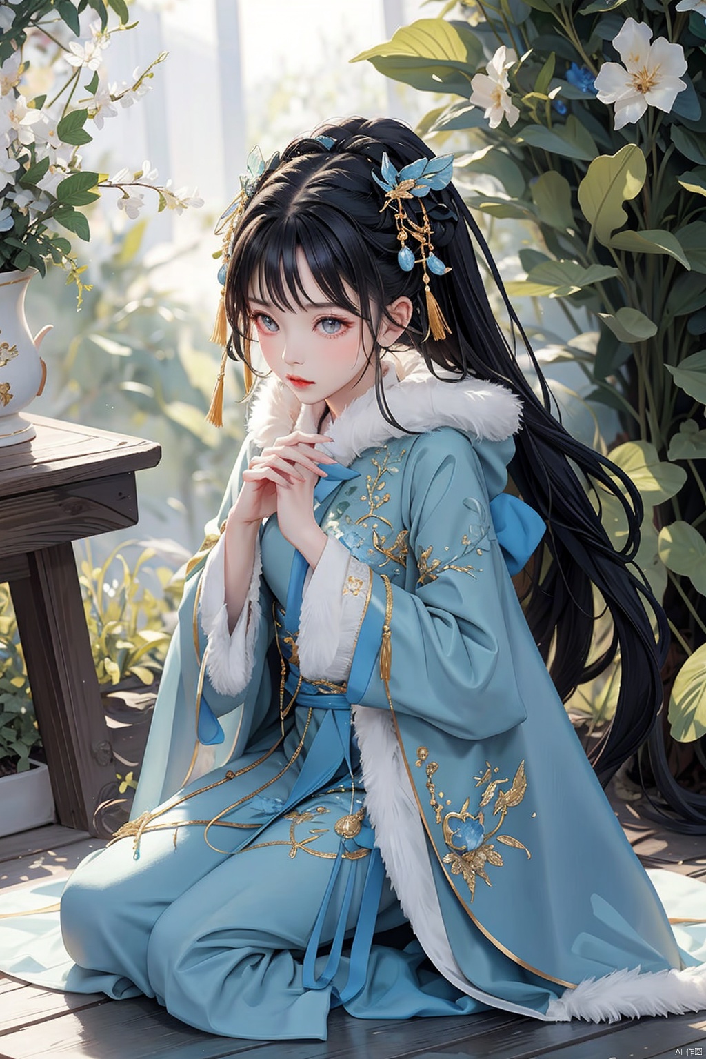  1gril,,hanfu,full body, cloak, QINGYI, shidudou,blue butterfly, in a colorful fantasy realism style, realistic color palette, wink and you miss details,