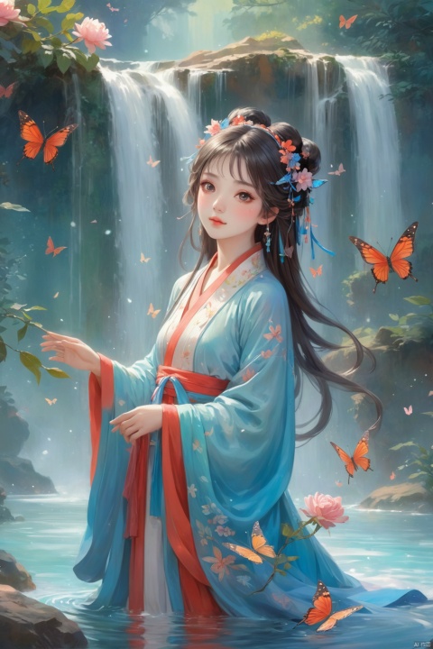  1gril,,hanfu,full body, cloak, QINGYI, shidudou,blue butterfly, in a colorful fantasy realism style, realistic color palette, wink and you miss details,chinese painting\(gongbi\),young woman bathing under a waterfall in an dream like forest,extremely detailed,detailed face,intricate detail,background\(gongbi\),    blue butterfly, in a colorful fantasy realism style, realistic color palette, wink and you miss details, japanese style art, fluid and organic shapes, light teal and light red, light reflection,blue butterfly, in a colorful fantasy realism style, realistic color palette, wink and you miss details,sleeve,flower headband,roses background,4k,8k,round eyes,round pupil,happy,colourful,fantasy magical,complex hair detail,happy,texture on clothings,fireflies,