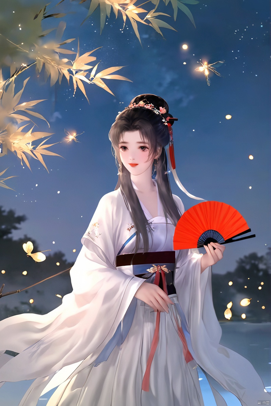 masterpiece,best quality,high quality,(colorful),[Artist miwano rag],[Artist toosaka asagi],[[[Artist wlop]]],[Artist chen bin],Artist Miv4t,1girl, solo, long hair, black hair, hair ornament, dress, sky, hair flower, sash, night, chinese clothes, star \(sky\), night sky, hand fan, lantern, holding fan, paper fan, hanfu,water,lying in the water,(fireflies),bamboo,tree,white theme