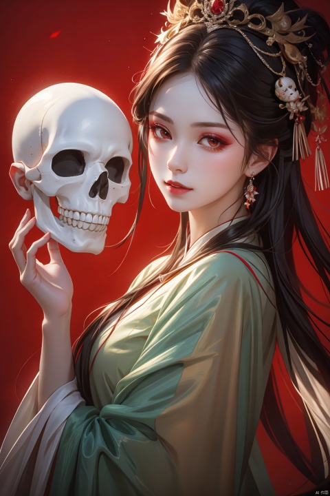  1girl, solo, long hair, looking at viewer, brown hair, black hair, hair ornament, red eyes, long sleeves, holding, jewelry, closed mouth, upper body, earrings, hand up, from side, looking to the side, makeup, mask, chinese clothes, red background, skull, red lips, hair stick, red theme, holding mask, holding skull