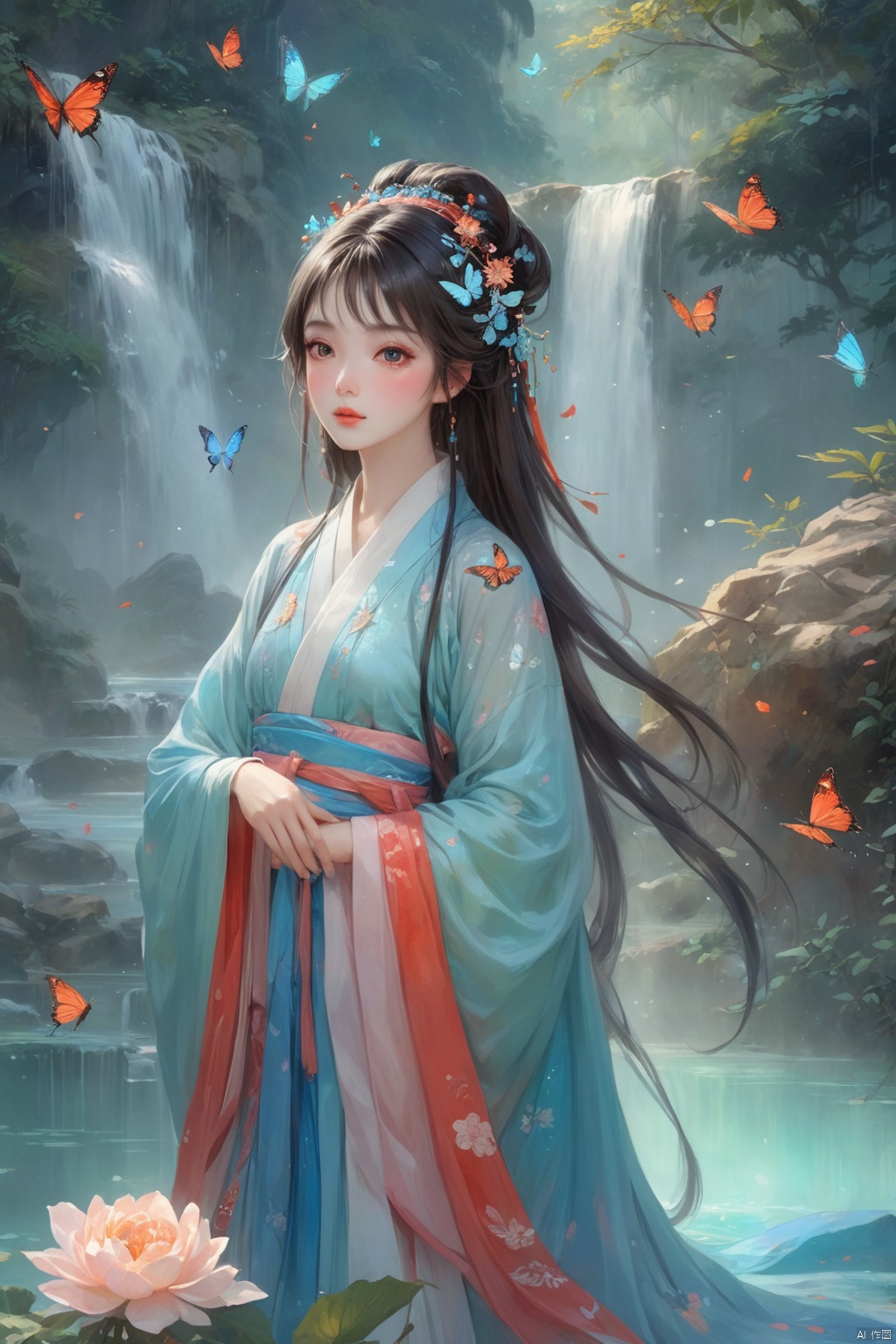  1gril,,hanfu,full body, cloak, QINGYI, shidudou,blue butterfly, in a colorful fantasy realism style, realistic color palette, wink and you miss details,chinese painting\(gongbi\),young woman bathing under a waterfall in an dream like forest,extremely detailed,detailed face,intricate detail,background\(gongbi\),    blue butterfly, in a colorful fantasy realism style, realistic color palette, wink and you miss details, japanese style art, fluid and organic shapes, light teal and light red, light reflection,blue butterfly, in a colorful fantasy realism style, realistic color palette, wink and you miss details,sleeve,flower headband,roses background,4k,8k,round eyes,round pupil,happy,colourful,fantasy magical,complex hair detail,happy,texture on clothings,fireflies,