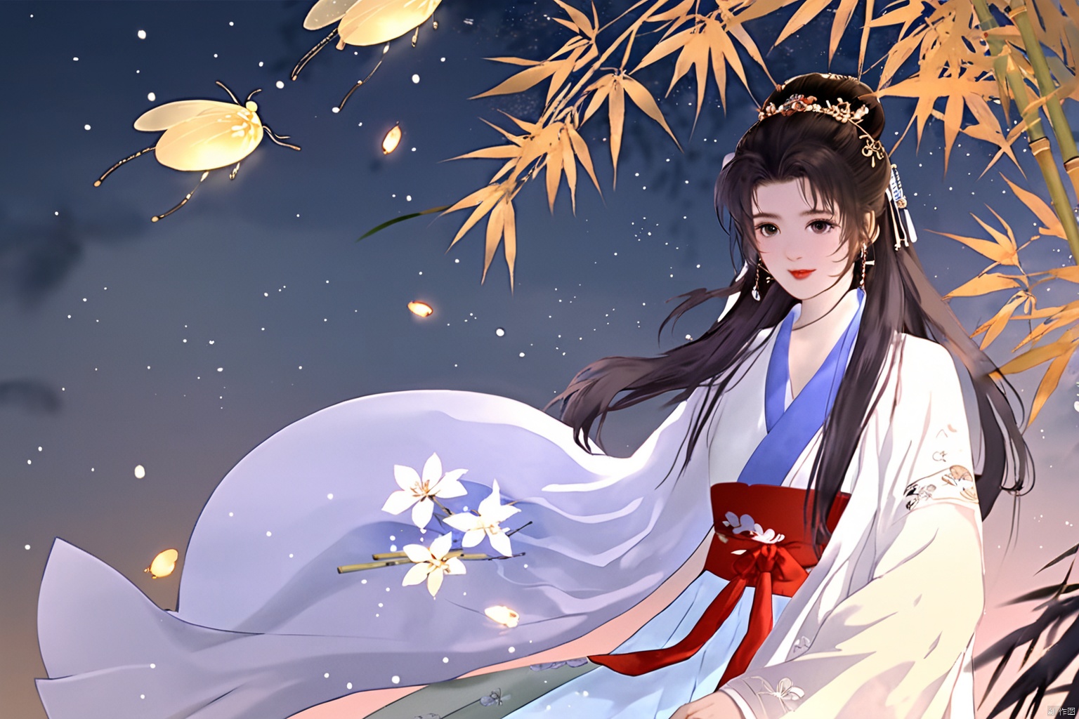 masterpiece,best quality,high quality,(colorful),[Artist miwano rag],[Artist toosaka asagi],[[[Artist wlop]]],[Artist chen bin],Artist Miv4t,1girl, solo, long hair, black hair, hair ornament, dress, sky, hair flower, sash, night, chinese clothes, star \(sky\), night sky, hand fan, lantern, holding fan, paper fan, hanfu,water,lying in the water,(fireflies),bamboo,tree,white theme