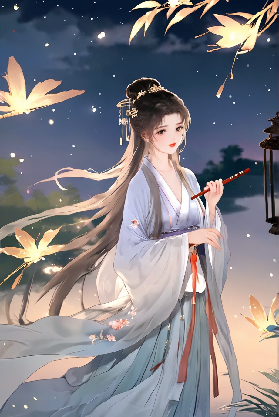 masterpiece,best quality,high quality,(colorful),[Artist miwano rag],[Artist toosaka asagi],[[[Artist wlop]]],[Artist chen bin],Artist Miv4t,1girl, solo, long hair, black hair, hair ornament, dress, sky, hair flower, sash, night, chinese clothes, star \(sky\), night sky, hand fan, lantern, holding fan, paper fan, hanfu,water,lying in the water,(fireflies),bamboo,tree,white theme