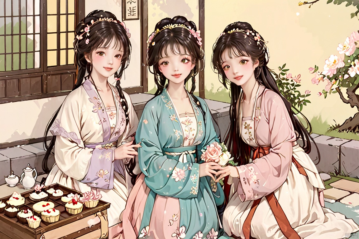  4+ girls, multiple colored hairs, sweet maids, random cute faces, super happy smiling, laughing,group shot, zoom camera, sweet tea party,lots of cakes, macarons, chocolates, parfaits, cookies, land of sweets,hanfu,((harajuku fashion)),((flowers with human eyes, flower eyes)),double exposure,fusion,hanfuray tracing, reflection ligh, HanFu, tianhai