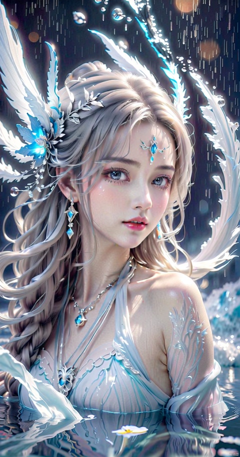  Frost Goddess,Frozen fluid,Ice World,ice,1girl,Light blue hair,air bubble,blue eyes,bubble,caustics,eyeliner,face,floating hair,Ice gemstone,jewelry,The Crown of Ice,Ice feathered hair,Ice Gemstone Metal Silver Necklace,lake,liquid hair,long hair,Ice crystal,looking at viewer,close-up,parted lips,pool,ripples,solo,splashing,teeth,underwater,wading,water,water drop,waves,fox fairy girl