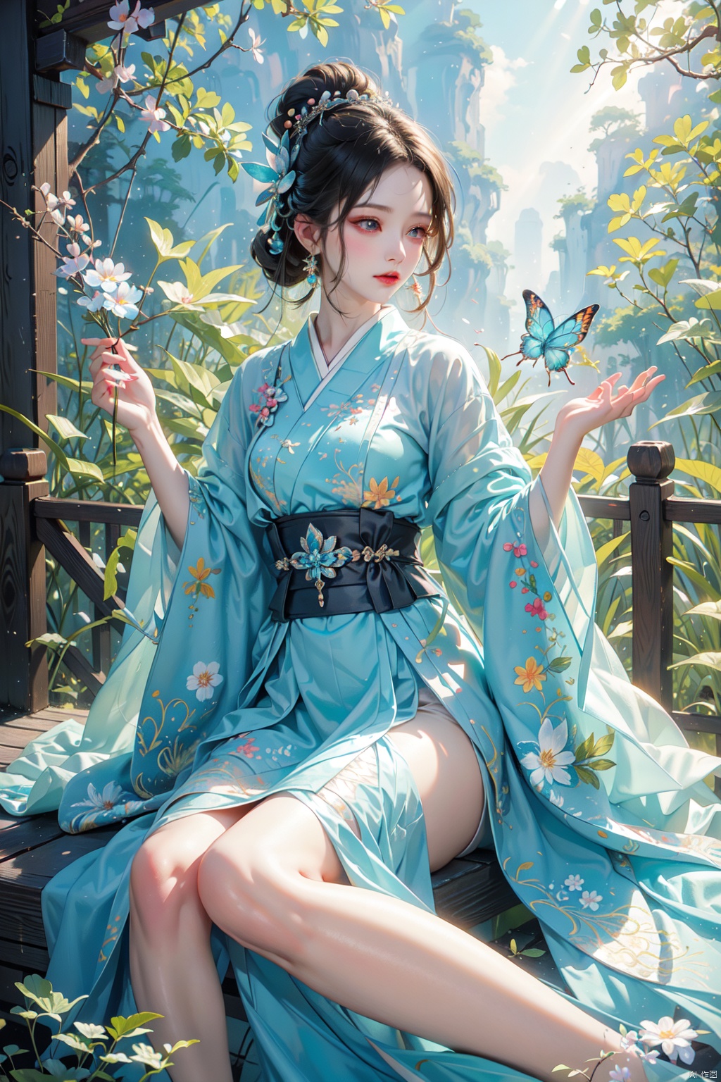  blue butterfly, in a colorful fantasy realism style, realistic color palette, wink and you miss details, japanese style art, fluid and organic shapes, light teal and light red, light reflection