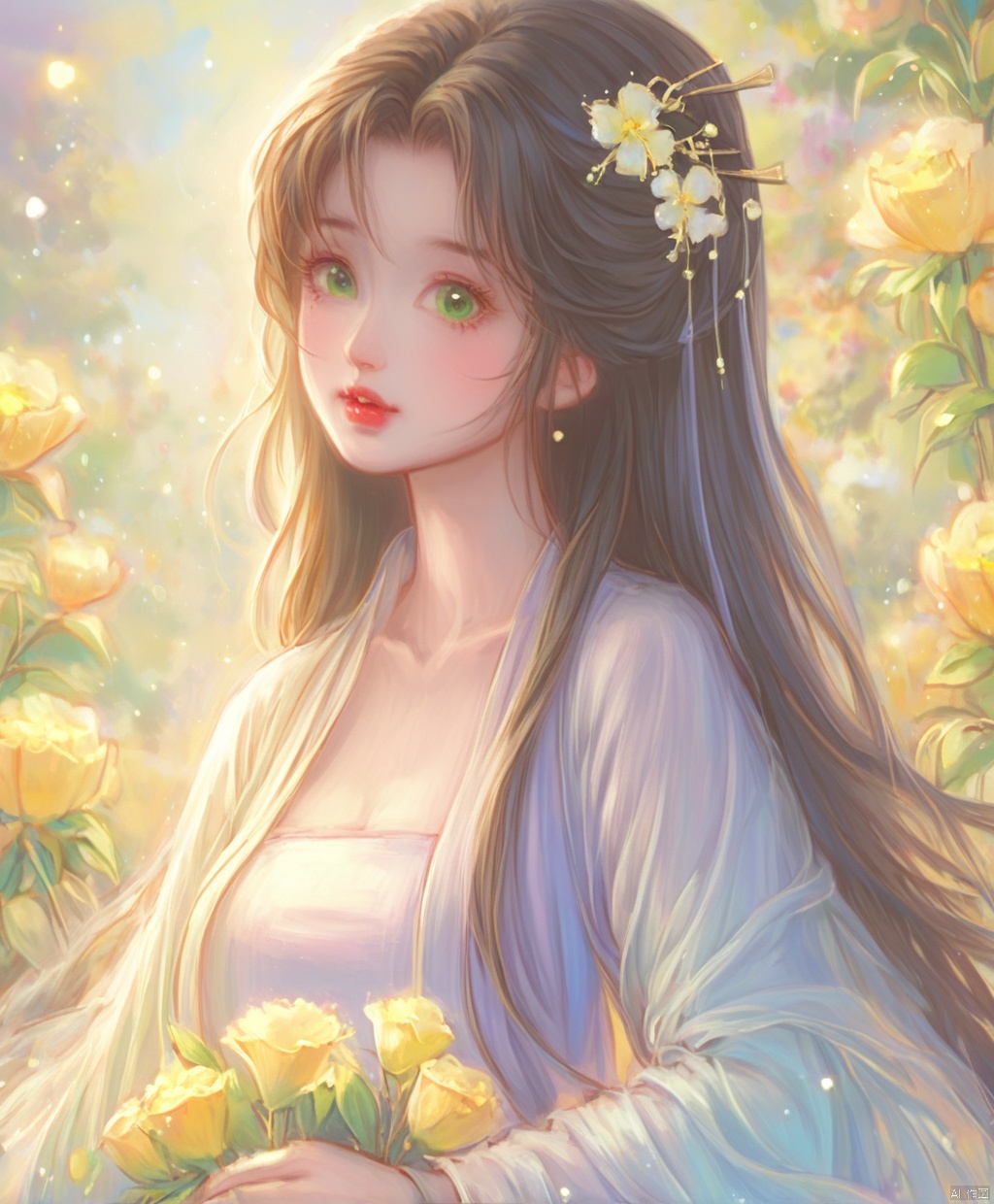  (masterpiece), (best quality), illustration, ultra detailed, hdr, Depth of field, (colorful), loli,1girl, flower, long hair, solo, green eyes, upper body, hair ornament, brown hair, teeth, dress, long sleeves, hanfu,yellow flower, looking at viewer