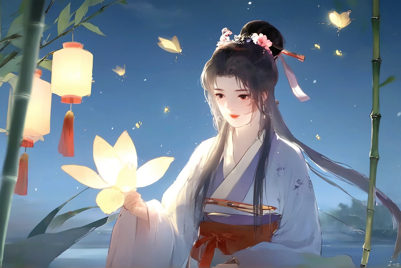 masterpiece,best quality,high quality,(colorful),[Artist miwano rag],[Artist toosaka asagi],[[[Artist wlop]]],[Artist chen bin],Artist Miv4t,1girl, solo, long hair, black hair, hair ornament, dress, sky, hair flower, sash, night, chinese clothes, star \(sky\), night sky, hand fan, lantern, holding fan, paper fan, hanfu,water,lying in the water,(fireflies),bamboo,tree,white theme