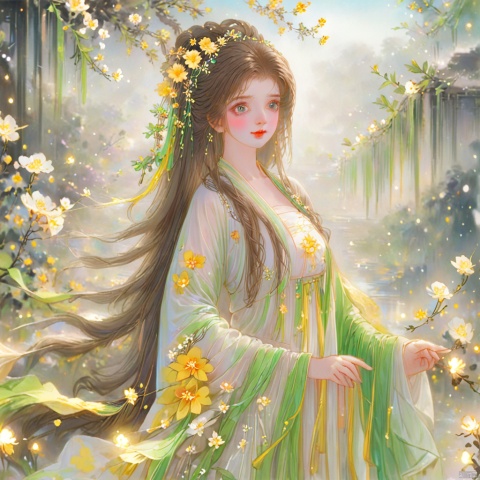  (masterpiece), (best quality), illustration, ultra detailed, hdr, Depth of field, (colorful), loli,1girl, flower, long hair, solo, green eyes, upper body, hair ornament, brown hair, teeth, dress, long sleeves, hanfu,yellow flower, looking at viewer