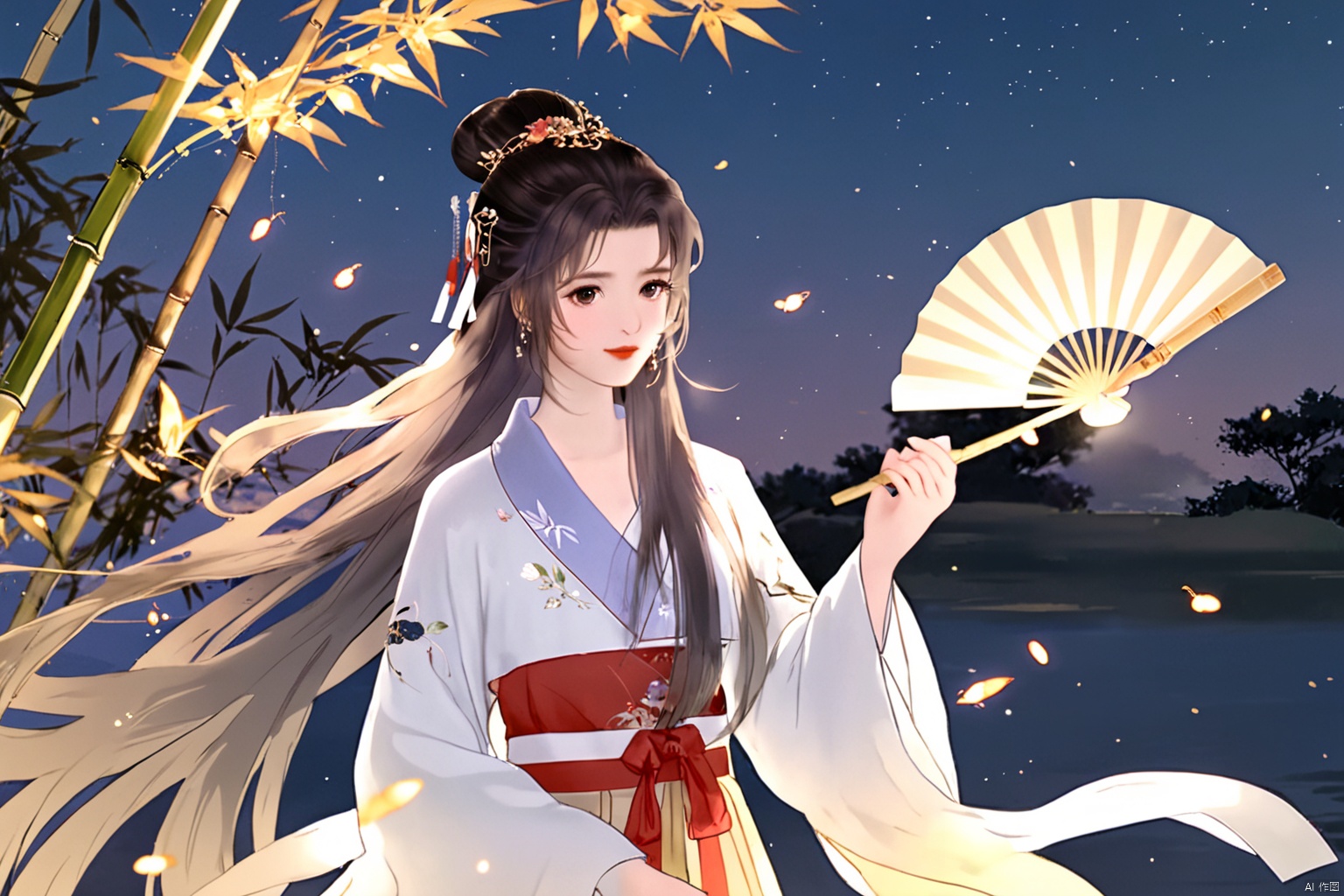 masterpiece,best quality,high quality,(colorful),[Artist miwano rag],[Artist toosaka asagi],[[[Artist wlop]]],[Artist chen bin],Artist Miv4t,1girl, solo, long hair, black hair, hair ornament, dress, sky, hair flower, sash, night, chinese clothes, star \(sky\), night sky, hand fan, lantern, holding fan, paper fan, hanfu,water,lying in the water,(fireflies),bamboo,tree,white theme