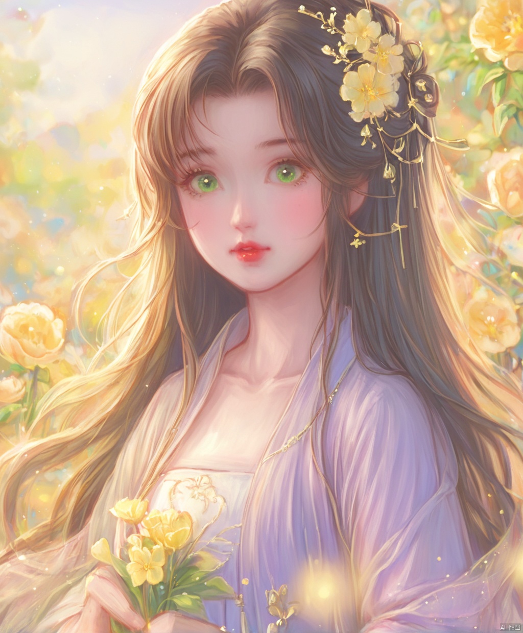  (masterpiece), (best quality), illustration, ultra detailed, hdr, Depth of field, (colorful), loli,1girl, flower, long hair, solo, green eyes, upper body, hair ornament, brown hair, teeth, dress, long sleeves, hanfu,yellow flower, looking at viewer