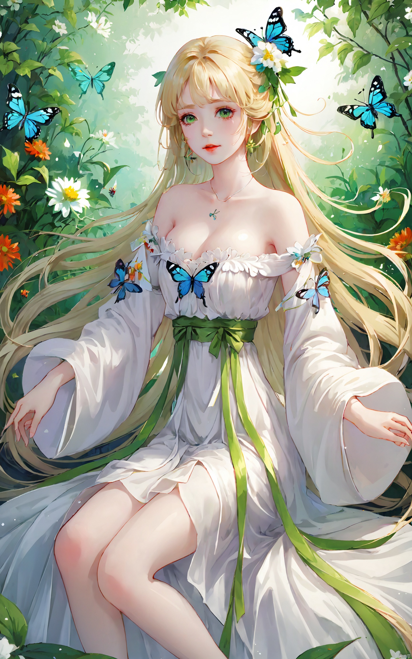  (masterpiece), (best quality), illustration, ultra detailed, hdr, Depth of field, (colorful),1girl, long hair, solo, green eyes, flower, bug, butterfly, hair ornament, blonde hair, sitting, bare legs, bare shoulders, dress, white dress, breasts, hagoromo, white hair