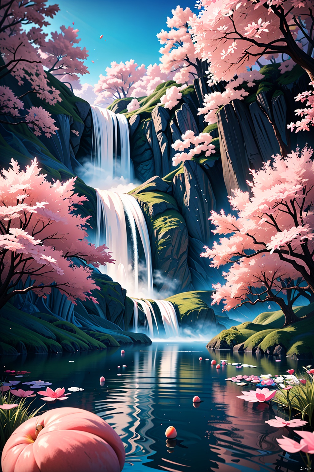  (Landscape painting full of illusory artistic conception), (high waterfall falling from the sky), the waterfall occupies 80% of the entire length of the picture, above the waterfall is the blue sky, rolling white clouds, below the waterfall is the pond, (the water of the pond is floating on the Many scattered (pink peach: 1.3) flowers), (there is a (peach forest: 1.3), (pink: 1.2) flower by the pond), (the setting sun shines slantly through the clouds), vividcolor (light particles Effect), (masterpiece), (extremely exquisite picture description), (8k wallpaper), (master painting), (ink painting style), (obvious light and shadow effect), (ray tracing), (obvious levels), (depth of field) ),(best quality),RAY, desert_sky, Succulent_Plants, Oil-paper umbrella,动漫