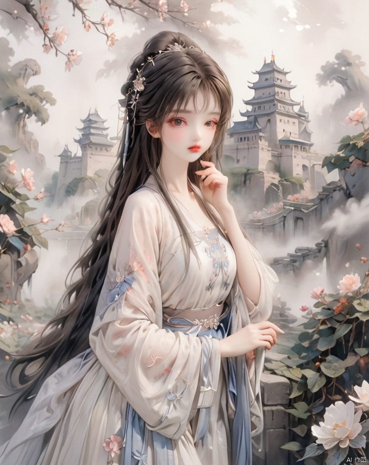  monochrome ,ink wash painting,white 1 girl,solo, blone hair, long hair, princess dress, pretty beautiful makeup, garden, castle, flowers, loli.backgroud,the picture is largely blank ,only a man ,chinese cloth,drawing ,face to viewer,white fog covered everything around him, blank background,