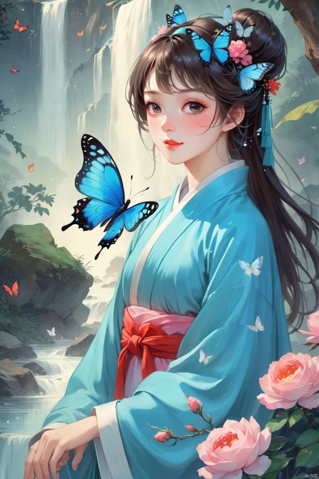  1gril,,hanfu,full body, cloak, QINGYI, shidudou,blue butterfly, in a colorful fantasy realism style, realistic color palette, wink and you miss details,chinese painting\(gongbi\),young woman bathing under a waterfall in an dream like forest,extremely detailed,detailed face,intricate detail,background\(gongbi\),    blue butterfly, in a colorful fantasy realism style, realistic color palette, wink and you miss details, japanese style art, fluid and organic shapes, light teal and light red, light reflection,blue butterfly, in a colorful fantasy realism style, realistic color palette, wink and you miss details,sleeve,flower headband,roses background,4k,8k,round eyes,round pupil,happy,colourful,fantasy magical,complex hair detail,happy,texture on clothings,fireflies,