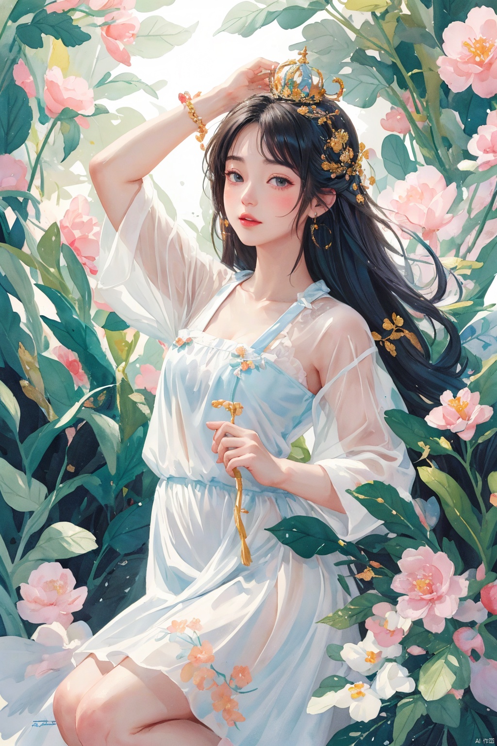  (bestquality), masterpiece, (ultra-detailed), illustration, 8k wallpaper, (extremely detailed CG unity 8k wallpaper), (extremely detailed eyes and face), huge filesize, game cg, llustration style,dream ,A Sunshine Laughs girl with black hair and black eyes, wearing a crown on her head,TT, Holding a magic wand in hand,8k, clear details, rich picture, nature background, flat color, vector illustration, watercolor, dancing, and joyful, Chinese style, cute girl, bpstyle,