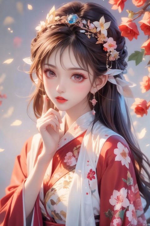 1girl, solo, long hair, black hair, hair accessories, jewelry, closed mouth, upper body, flowers, earrings, blur, side, eyelashes, side, makeup, red background, Chinese costume, red flowers, fringe, branch, red lips, fringe earrings, fruit grain, no hand, very beautiful, masterpiece, best quality, super detail, animation style, key vision, 1 girl