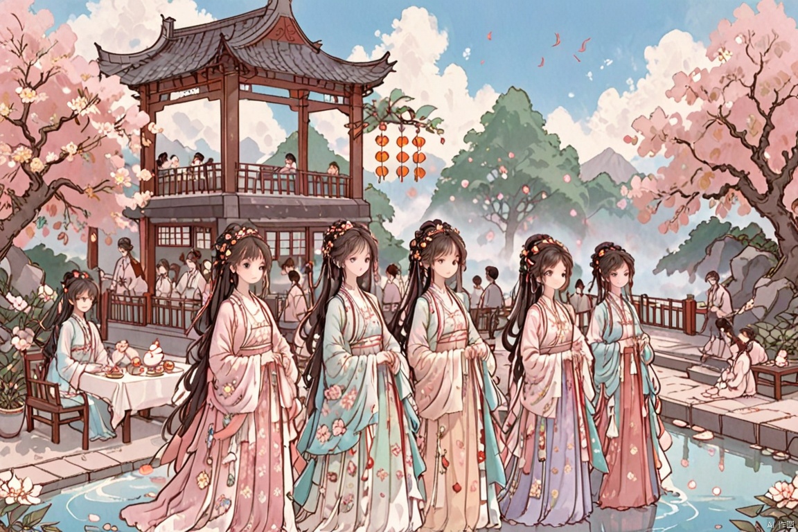  4+ girls, multiple colored hairs, sweet maids, random cute faces, super happy smiling, laughing,group shot, zoom camera, sweet tea party,lots of cakes, macarons, chocolates, parfaits, cookies, land of sweets,hanfu,((harajuku fashion)),((flowers with human eyes, flower eyes)),double exposure,fusion,hanfuray tracing, reflection ligh, HanFu, tianhai