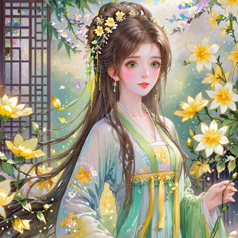  (masterpiece), (best quality), illustration, ultra detailed, hdr, Depth of field, (colorful), loli,1girl, flower, long hair, solo, green eyes, upper body, hair ornament, brown hair, teeth, dress, long sleeves, hanfu,yellow flower, looking at viewer