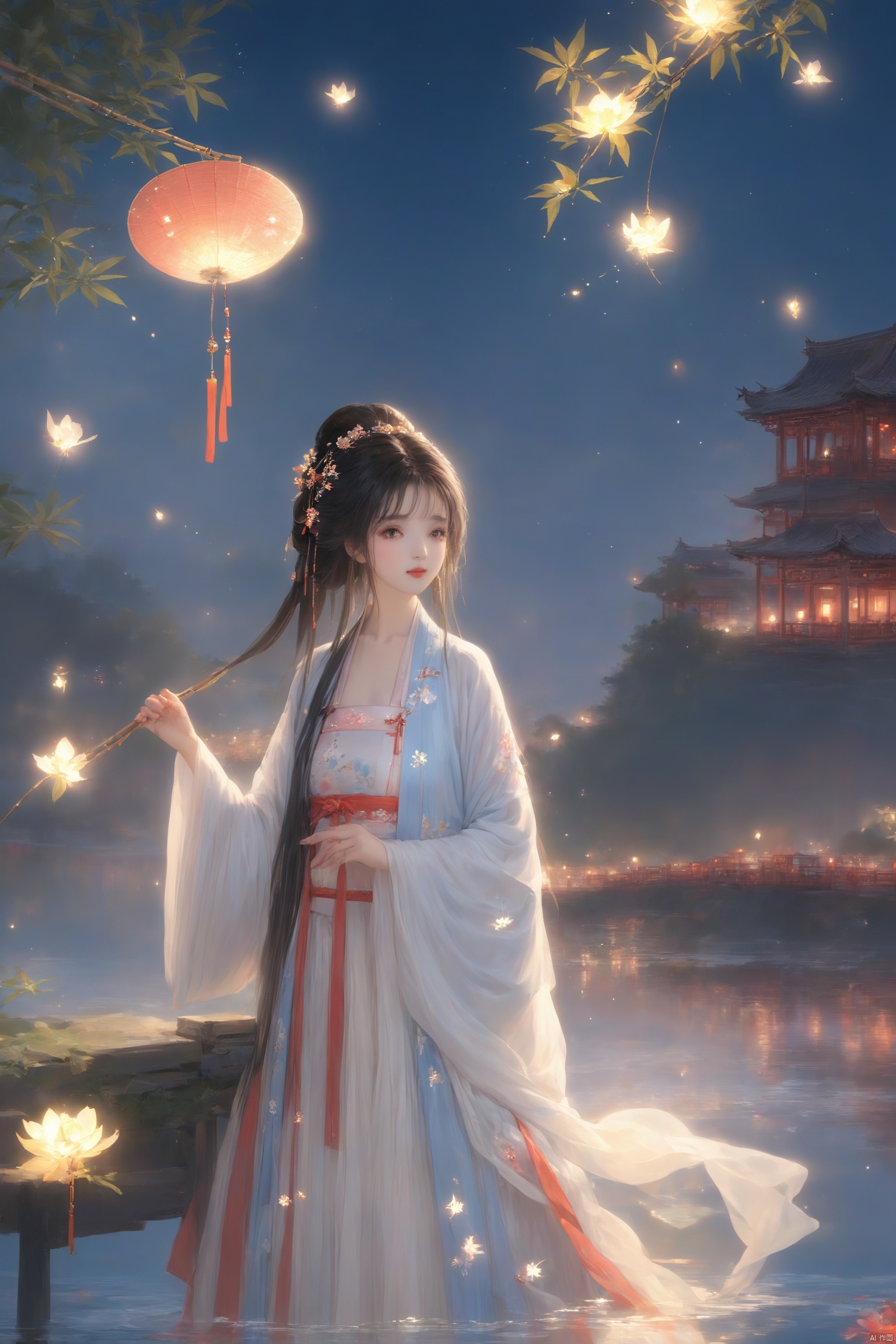 masterpiece,best quality,high quality,(colorful),[Artist miwano rag],[Artist toosaka asagi],[[[Artist wlop]]],[Artist chen bin],Artist Miv4t,1girl, solo, long hair, black hair, hair ornament, dress, sky, hair flower, sash, night, chinese clothes, star \(sky\), night sky, hand fan, lantern, holding fan, paper fan, hanfu,water,lying in the water,(fireflies),bamboo,tree,white theme