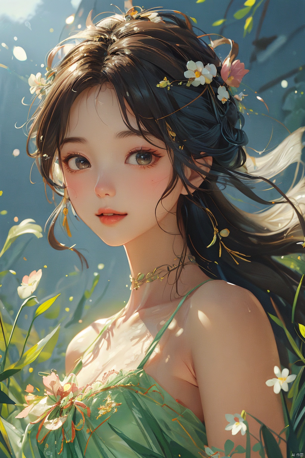  (bestquality), masterpiece, (ultra-detailed), illustration, 8k wallpaper, (extremely detailed CG unity 8k wallpaper), (extremely detailed eyes and face), huge filesize, game cg, llustration style,dream ,A Sunshine Laughs girl with black hair and black eyes, wearing a crown on her head,TT, Holding a magic wand in hand,8k, clear details, rich picture, nature background, flat color, vector illustration, watercolor, dancing, and joyful, Chinese style, cute girl, bpstyle,