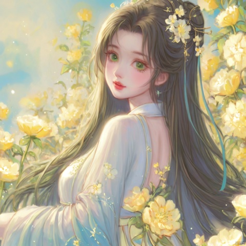  (masterpiece), (best quality), illustration, ultra detailed, hdr, Depth of field, (colorful), loli,1girl, flower, long hair, solo, green eyes, upper body, hair ornament, brown hair, teeth, dress, long sleeves, hanfu,yellow flower, looking at viewer