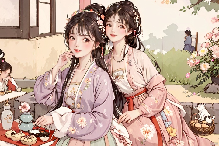  4+ girls, multiple colored hairs, sweet maids, random cute faces, super happy smiling, laughing,group shot, zoom camera, sweet tea party,lots of cakes, macarons, chocolates, parfaits, cookies, land of sweets,hanfu,((harajuku fashion)),((flowers with human eyes, flower eyes)),double exposure,fusion,hanfuray tracing, reflection ligh, HanFu, tianhai