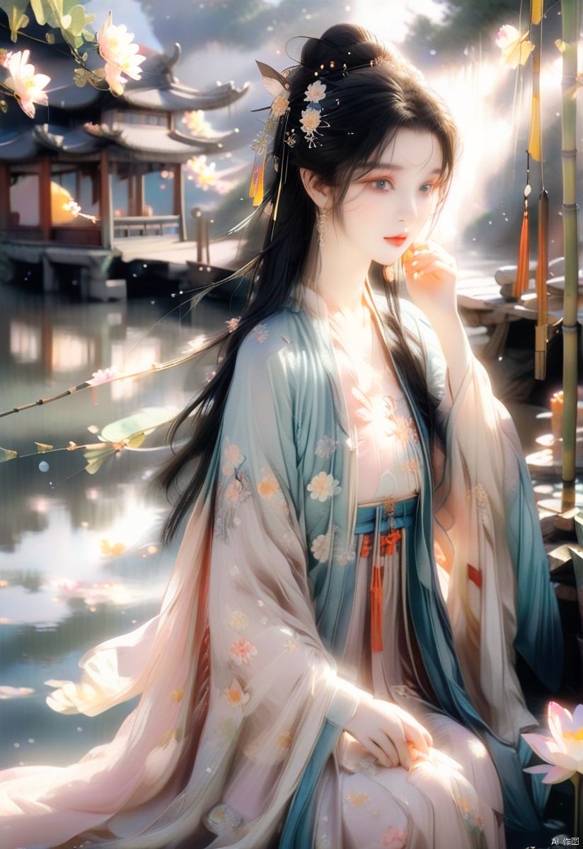  (sunlight, beautiful sky, floating hair, Fisheye lens lens, dynamic angle, distant view, panorama ,overlook,barefoot), ((Ancient_Chinese_architecture)), (short sleeves),with a combination of Morgan colors, Qiu Ying's painting style, And high end color matching, ((A beautiful girl sitting on a bamboo raft in the water, swimming downstream, Huge lotus, rain, (full body), aqua_china_dress)), (bright light,fantasy), ((spotted light)),1 girl, ((black hair, shy, blush)), arien_hanfu, (\hui mou\), dingxianghua, guofeng, Anime style, dunhuang, hanfu, cexz1,cexz2,cexz3,cexz4,cexz5,changexian, dancedress,chinese cloths,song style outfits,bare_foot,stadning,full_body,flowers ,(innocent grey),fox girl,fairy