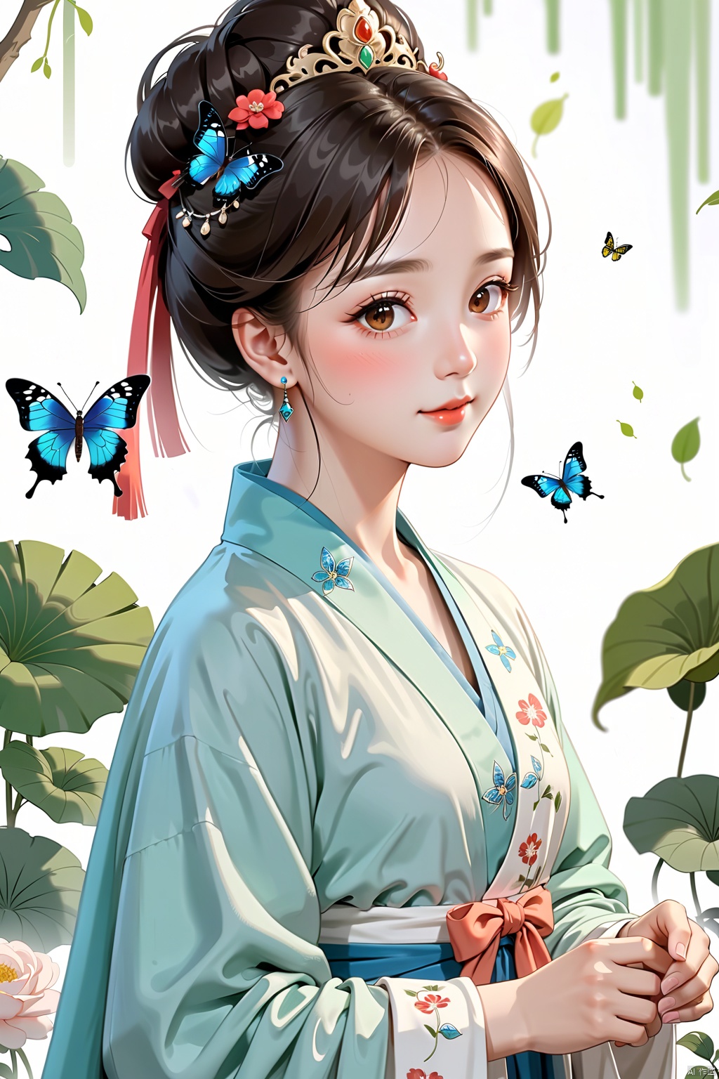  1gril,,hanfu,full body, cloak, QINGYI, shidudou,blue butterfly, in a colorful fantasy realism style, realistic color palette, wink and you miss details,chinese painting\(gongbi\),young woman bathing under a waterfall in an dream like forest,extremely detailed,detailed face,intricate detail,background\(gongbi\),    blue butterfly, in a colorful fantasy realism style, realistic color palette, wink and you miss details, japanese style art, fluid and organic shapes, light teal and light red, light reflection,blue butterfly, in a colorful fantasy realism style, realistic color palette, wink and you miss details,sleeve,flower headband,roses background,4k,8k,round eyes,round pupil,happy,colourful,fantasy magical,complex hair detail,happy,texture on clothings,fireflies,