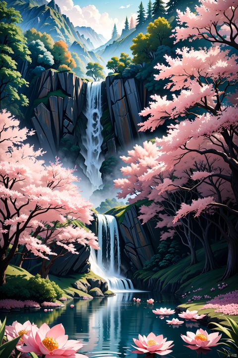  (Landscape painting full of illusory artistic conception), (high waterfall falling from the sky), the waterfall occupies 80% of the entire length of the picture, above the waterfall is the blue sky, rolling white clouds, below the waterfall is the pond, (the water of the pond is floating on the Many scattered (pink peach: 1.3) flowers), (there is a (peach forest: 1.3), (pink: 1.2) flower by the pond), (the setting sun shines slantly through the clouds), vividcolor (light particles Effect), (masterpiece), (extremely exquisite picture description), (8k wallpaper), (master painting), (ink painting style), (obvious light and shadow effect), (ray tracing), (obvious levels), (depth of field) ),(best quality),RAY, desert_sky, Succulent_Plants, Oil-paper umbrella,动漫