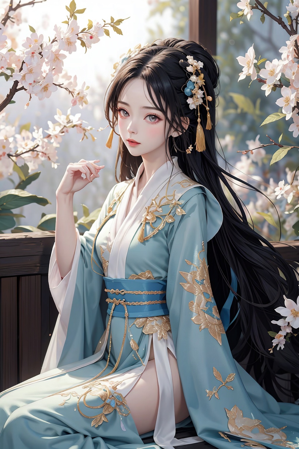  1gril,,hanfu,full body, cloak, QINGYI, shidudou,blue butterfly, in a colorful fantasy realism style, realistic color palette, wink and you miss details,chinese painting\(gongbi\),young woman bathing under a waterfall in an dream like forest,extremely detailed,detailed face,intricate detail,background\(gongbi\),    blue butterfly, in a colorful fantasy realism style, realistic color palette, wink and you miss details, japanese style art, fluid and organic shapes, light teal and light red, light reflection,blue butterfly, in a colorful fantasy realism style, realistic color palette, wink and you miss details,sleeve,flower headband,roses background,4k,8k,round eyes,round pupil,happy,colourful,fantasy magical,complex hair detail,happy,texture on clothings,fireflies,