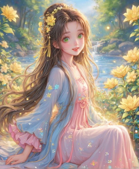  (masterpiece), (best quality), illustration, ultra detailed,full body.barefoot. hdr, Depth of field, (colorful), loli,1girl, flower, long hair, white.hair.solo, green eyes, upper body, hair ornament, brown hair, teeth, dress, long sleeves, hanfu,yellow flower, looking at viewer