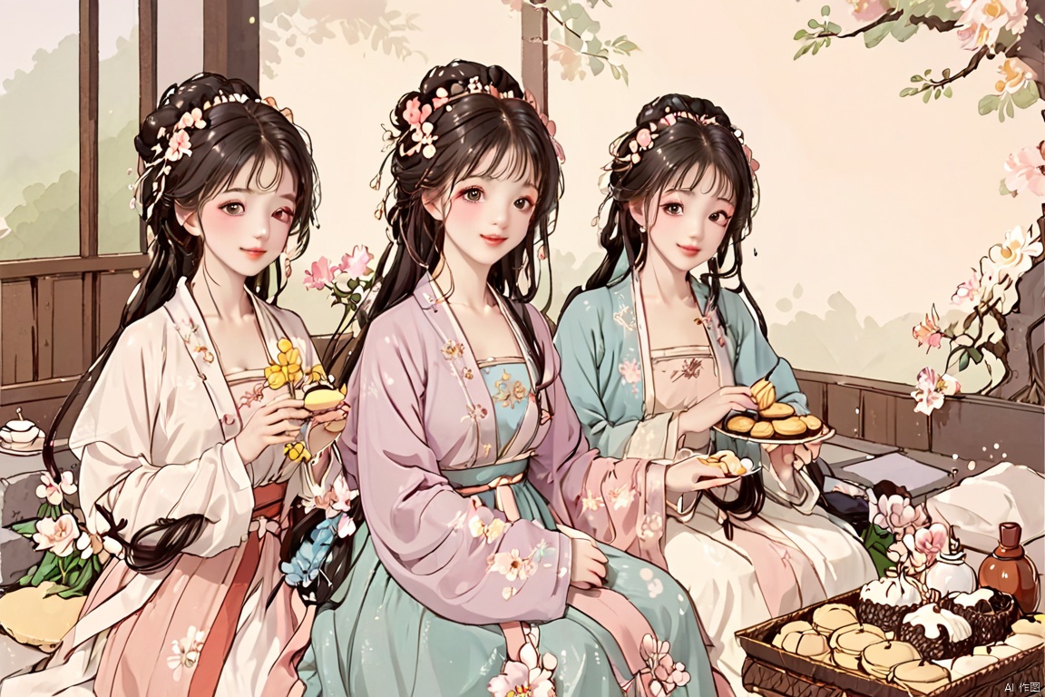  4+ girls, multiple colored hairs, sweet maids, random cute faces, super happy smiling, laughing,group shot, zoom camera, sweet tea party,lots of cakes, macarons, chocolates, parfaits, cookies, land of sweets,hanfu,((harajuku fashion)),((flowers with human eyes, flower eyes)),double exposure,fusion,hanfuray tracing, reflection ligh, HanFu, tianhai