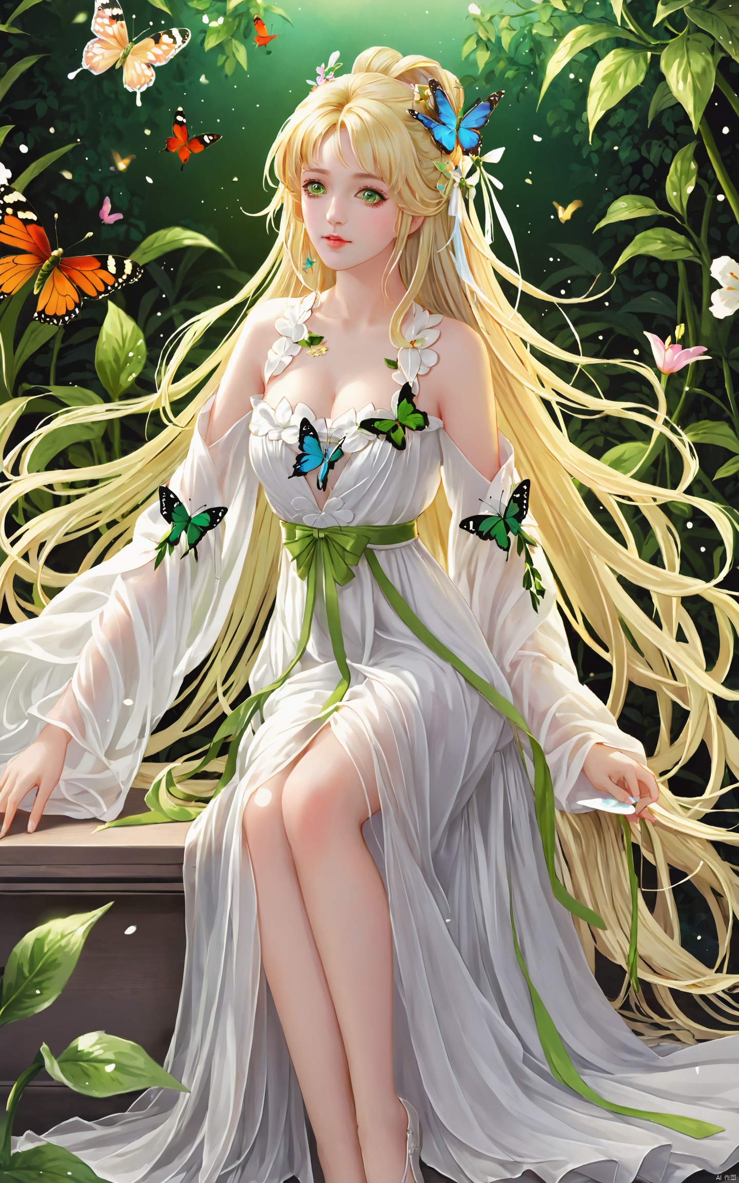  (masterpiece), (best quality), illustration, ultra detailed, hdr, Depth of field, (colorful),1girl, long hair, solo, green eyes, flower, bug, butterfly, hair ornament, blonde hair, sitting, bare legs, bare shoulders, dress, white dress, breasts, hagoromo, white hair