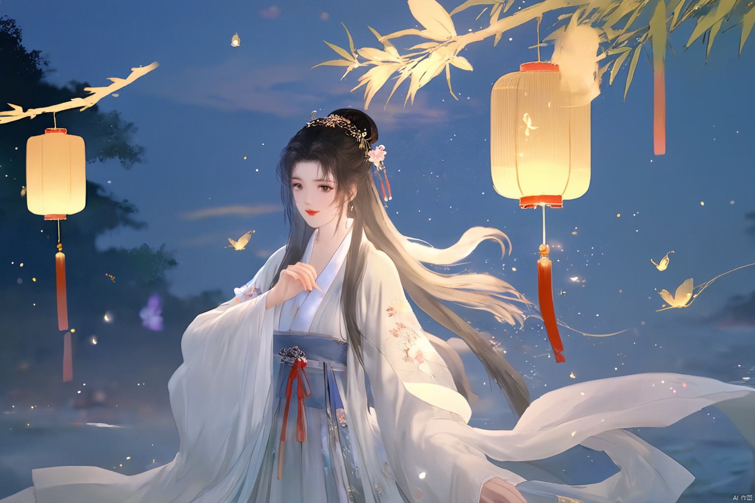 masterpiece,best quality,high quality,(colorful),[Artist miwano rag],[Artist toosaka asagi],[[[Artist wlop]]],[Artist chen bin],Artist Miv4t,1girl, solo, long hair, black hair, hair ornament, dress, sky, hair flower, sash, night, chinese clothes, star \(sky\), night sky, hand fan, lantern, holding fan, paper fan, hanfu,water,lying in the water,(fireflies),bamboo,tree,white theme