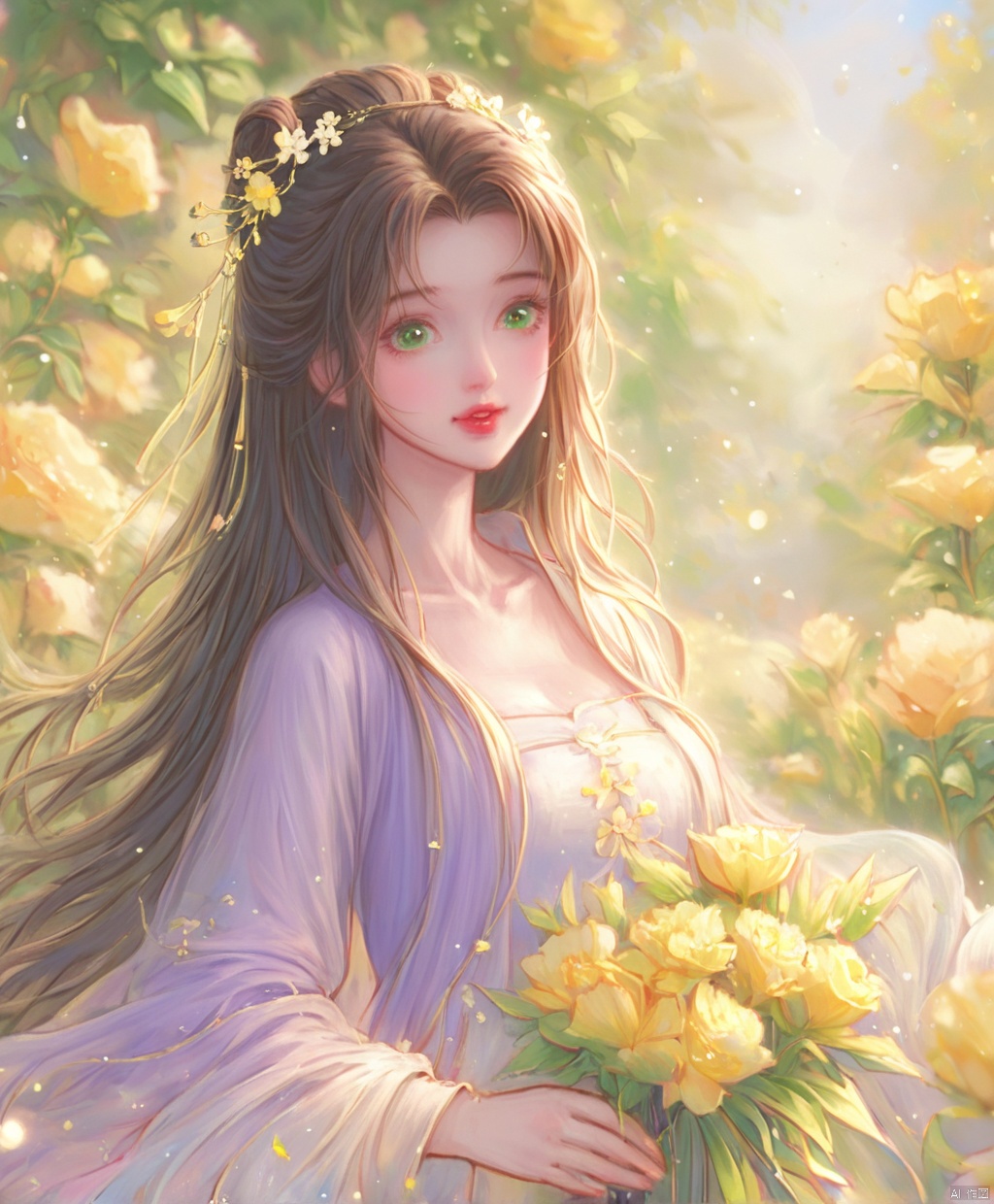  (masterpiece), (best quality), illustration, ultra detailed, hdr, Depth of field, (colorful), loli,1girl, flower, long hair, solo, green eyes, upper body, hair ornament, brown hair, teeth, dress, long sleeves, hanfu,yellow flower, looking at viewer